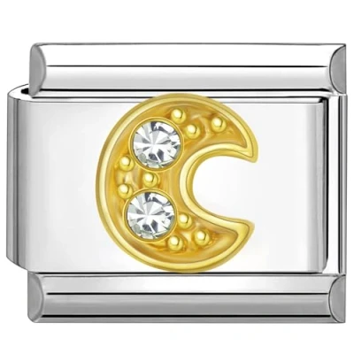 Image of Quiges 9mm Italian Style Charm Link Module Stainless Steel Gold Zirconia Alphabet Letter C for Bracelets