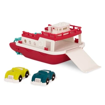 Image of Wonder Wheels by Battat Ferry Floating Boat Bath Toys 100% Recyclable, Toy with Cars for Toddlers, Red/White, 1 Year + (3 pcs)