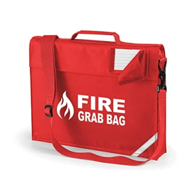 Image of School Evacuation Fire Grab Bag with Flame Logo Graphic Printed Red Emergency Documents Shoulder Strap
