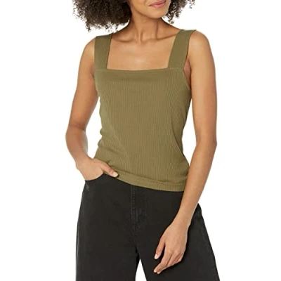 Image of The Drop Jody Square Neck Cropped Fitted Rib Knit Tank Top cami Shirts, Capers Olive, XS