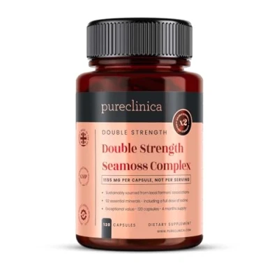Image of Pureclinica Double Strength Seamoss Complex 1155mg x 120 Capsules (4 Months Supply) with 500mg Seamoss, Bladderwrack &amp; 150mg Burdock Root
