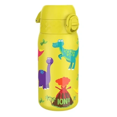 Image of ION8 Insulated Steel Water Bottle, 320 ml/11 oz, Leak Proof, Easy to Open, Secure Lock, Dishwasher Safe, Carry Handle, Flip Cover, Metal Raised Print, Stainless Steel, Dinosaur Design