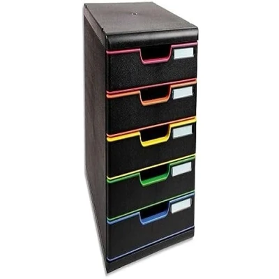 Image of Exacompta Ref 301914D Iderama Collection Modulo A4 350 x 288 320mm in Size, 5 Closed Drawers (54mm Height), Smooth Opening with Stop, Label Holders Black/Harlequin
