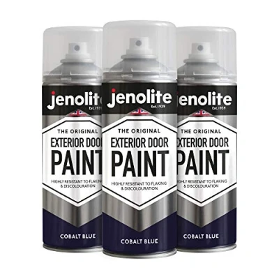 Image of JENOLITE 3 x Exterior Door Paint Aerosol Spray Metal &amp; Wood Doors Garage Cobalt 400ml (RAL 5013)