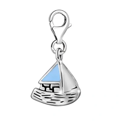 Image of Quiges 3D Blue Enamel Cartoon Sailing Boat Clip On Charm Pendant Silver Plated Women&#039;s Jewellery