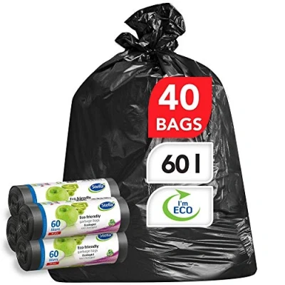 Image of Stella Garbage Bag Bin Bags Liners 40 pcs Eco Friendly and Recyclable Made from Waste Plastic Heavy Duty Trash Ultra Strong &amp; Flexible Black Colour 60 L No Closure Type
