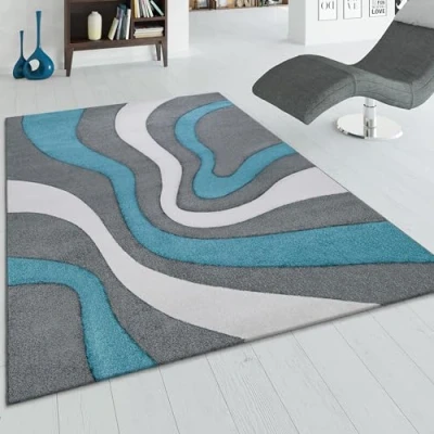 Image of Paco Home Designer Carpet With Contour Cut And A Wave Pattern In Grey Green Cream, Size:200x290 cm