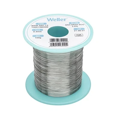 Image of Weller WSW SAC L0 (T0051388399) Lead Free Solder Wire, Ø 0.3mm, Alloy Sn96.5Ag3.0Cu0.5, Flux Content 3.5%, 100g, Silver