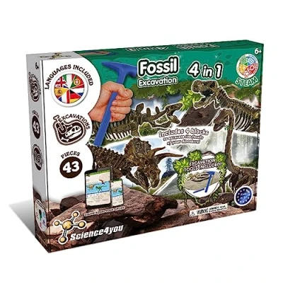 Image of Science4you Dinosaur Fossil Excavation Kit 4 in 1 Digging for Kids, Build Fossils, 46 pieces, Archeology Set, Toys, Games, Gifts Boys and Girls Age 6+