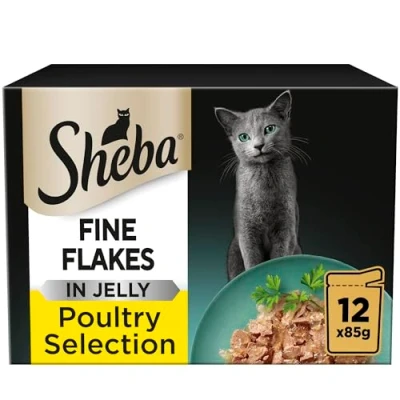 Image of Sheba Fine Flakes in Jelly Poultry Collection Wet Cat Food Pouches for Adult Cats 48 x 85 g Pack