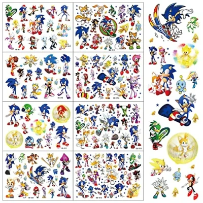 Image of Sonic Tattoos Birthday Party Favors Decoration Supplies Gift for Kids 8 Cute Sheets Stickers Temporary Classroom School Prizes Boys Girls Carnival Christmas Deco