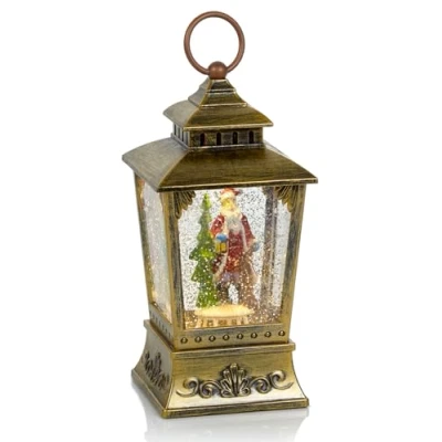 Image of Christmas LED Rustic Gold Water Spinner Trapezoid Lantern Santa Design 24cm High