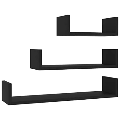 Image of vidaXL Set of 3 Wall Display Shelves Black Engineered Wood Contemporary U Shaped Design Ideal for Home or Office Decor Different Sizes Included