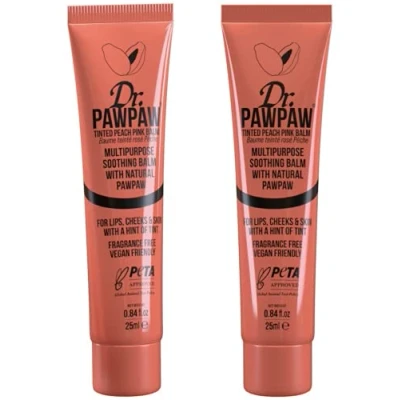 Image of Dr.PAWPAW Tinted Peach Pink Balm, Multi Purpose Natural No Fragrance, for Hydrating Lips, Skin, Hair, Cuticles, Nails &amp; Beauty Finishing (2 x 25 ml)