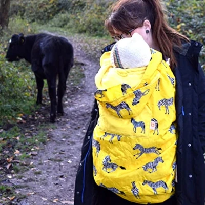 Image of BundleBean Babywearing All Weather Waterproof Sling and Baby Carrier Cover (Yellow Zebra) Rain with Fleece Lining, Universal Fit, Fits Front &amp; Back Carriers, Protection from Wind