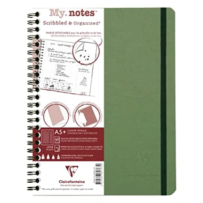 Image of Clairefontaine 782363C Age Bag Collection A Green My.Notes Tear Off Margin Spiral Notebook A5+ 16x21cm 120 Lined Pages 90gsm White Paper Leather Grain Glossy Card Cover