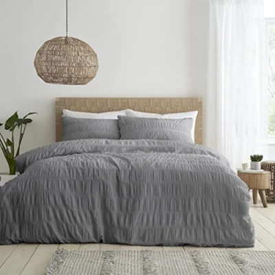 Image of Catherine Lansfield Seersucker Double Duvet Cover Set with Pillowcases Grey