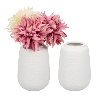 Image of Relaxdays Ceramic Vase, Set of 2, HxD: 15 x 10 cm, for Fresh &amp; Dried Flowers, Table Decoration, Centrepiece, White