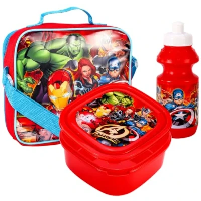 Image of 3 Piece Avengers Kids Lunch Bag with Sandwich Box &amp; Drinks Bottle Childrens Character School Travel Set