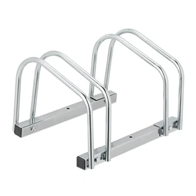 Image of Relaxdays Floor Bike Rack, for 2 Bicycles, Wheel Width up to 60 mm, Metal, Outdoor Parking Stand, Garage, Steel, Silver, 26.5 x 40.5 33 cm