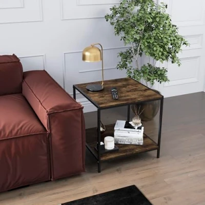 Image of Vida Designs Brooklyn End Table 2 Tier Sofa Side Tables, Bedside Tables with Metal Iron Frame for Living Room, Bedroom, Home Office, Industrial Style (Dark Wood)