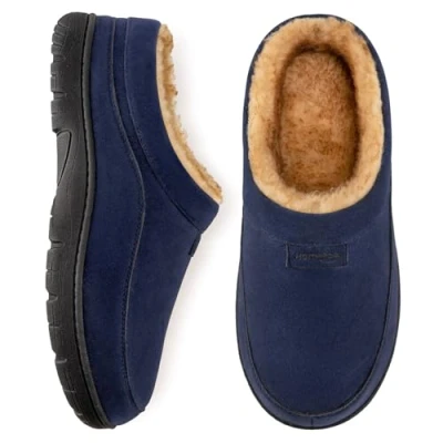 Image of HomeTop Men&#039;s Moccasin Slippers Soft Warm Non slip Memory Foam Indoor House Shoes with Fluffy Lining Navy, 12 13 UK