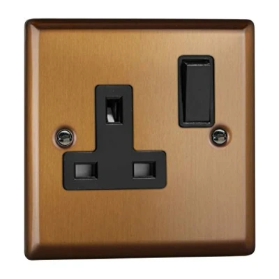 Image of Varilight Urban Brushed Bronze 1 Gang Double Pole Switched 13 Amp Plug Socket with Black Insert