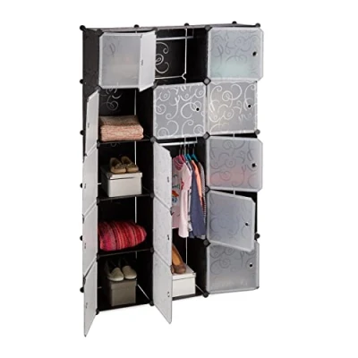 Image of Relaxdays 11 Compartment Shelving Unit Wardrobe, Modular Plug In Plastic Shelf, 2 x Clothes Rails, Black