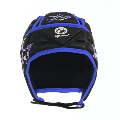 Image of Optimum Unisex Junior Inferno Rugby &amp; Football Headguard Scrum Cap Coverage Breathable, Soft Edged, Lightweight Sports Protective Headgear Black/Blue, Small