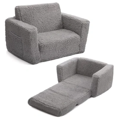Image of BEJOY Kids Sofa Bed 2 in 1 Flip Out Cuddly Sherpa Toddler Couch Convertible to Lounger Children Children&#039;s Day and Birthday Gift for Girls Boys, Grey