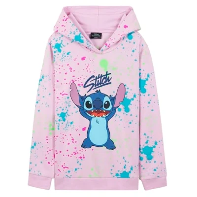 Image of Disney Girls Hoodie, Soft Hooded Sweatshirt for Kids and Teenagers Gifts (Pink Splatter Stitch, 13 14 Years)