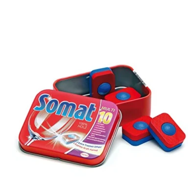 Image of Erzi Pretend Play Wooden Grocery Shop Merchandize Dishwashing Tabs Somat in a Tin