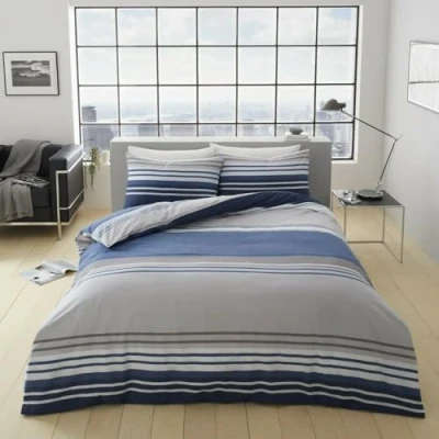 Image of GC GAVENO CAVAILIA Reversible Duvet Cover Set Blue, Striped Bedding King Size, Easy Care Polycotton Quilt Covers