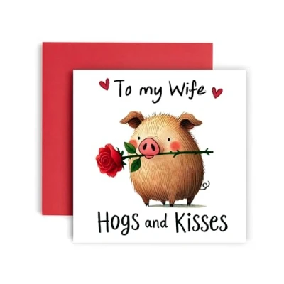 Image of Huxters Cute Anniversary Valentines day Card for Wife Hogs and Kisses Wedding 14.8cm (Wife)