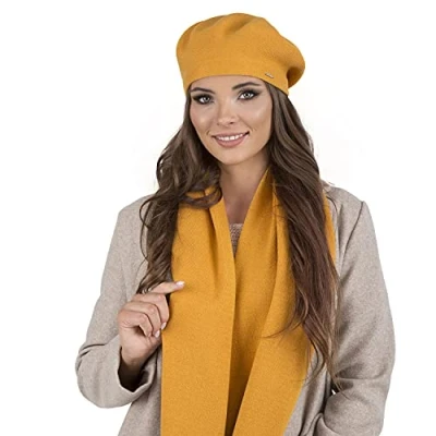 Image of Vivisence Elegant Women&#039;s Winter Beret and Scarf Set Made of Warm Thick Soft Fabric with Wool Blend for Ladies Ideal Cold Autumn Days, Honey,UNI