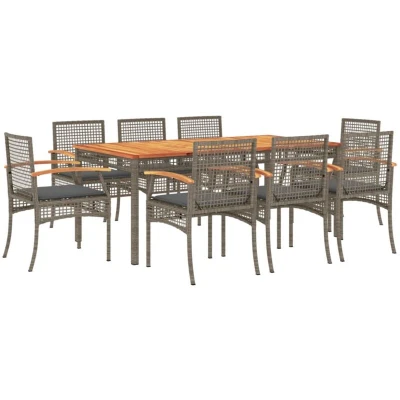 Image of vidaXL 9 Piece Garden Dining Set with Cushions Grey Poly Rattan