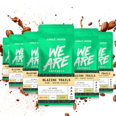 Image of Coffee Beans 1kg (Pack of 6), Whole Bean Coffee, Blazing Trails Blend Beans, 100% Arabica, Dark Roast Fresh Single Origin (We Are Co)