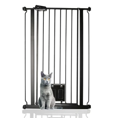 Image of Bettacare Pet Gate with Lockable Cat Flap, 75cm 84cm, Black, 104cm in Height, Extra Tall Dog Safety Barrier Easy Installation