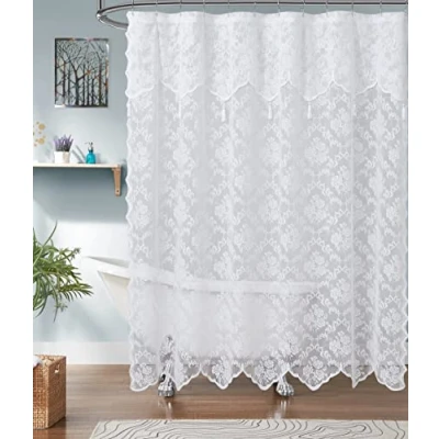 Image of ASATEX White Lace Shower Curtain. 72 x 84 Inches Classic Floral Design Bath Curtain with Attached Valance and Tassels. Affordable Curtains Make Any Bathroom Look Upscale. MIS