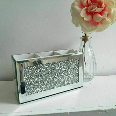 Image of Makeup Brush Holder Organiser Crushed Diamond Jewel Mirror Beauty box Cup Container Storage Case, 3 Compartments Make up Brushes White