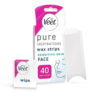 Image of Veet Pure Cold Wax Strips, Face, Sensitive Skin, 40 4 Finish Wipes, Hair Removal, Removes From Root, 28 Days Smoothness, Hypoallergenic Formula (Packaging may vary)