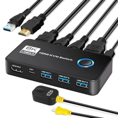 Image of TCNEWCL 8K 60Hz HDMI USB KVM Switch 2 PC 1 Monitor 4K 120Hz, Port 2.1 3.0 Switcher for Computers Share Mouse Keyboard, with Wired Remote and cables