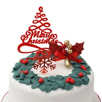 Image of Merry Christmas Cake Decoration topper Yule Log Cupcake Toppers 3 Piece Gold silver red Leaf Holly set (3 holly)