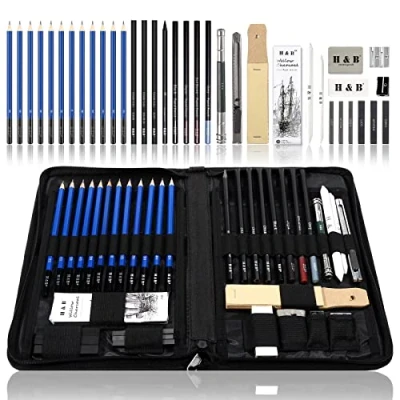 Image of H &amp; B Sketching Pencils Drawing Set,40pcs Art Supplies Artist Kit with Sketch Draw Charcoal Pencil Extender Canvas Bag and More for Beginners Kids Adults