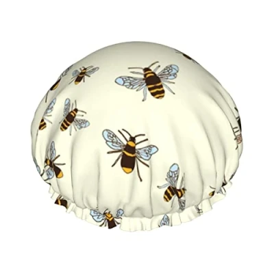 Image of Honey Bee Print Shower Cap For Women Reusable Double Layer Fabric Caps Girls Hair