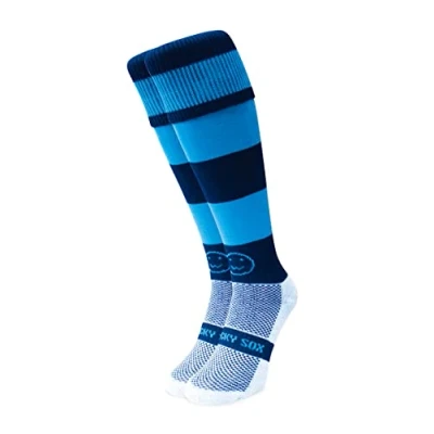 Image of WackySox Navy Blue and Sky Hoop Rugby Socks, Sports Socks for Men Women, Mens Work Perfect Riding, Football, Running, Hockey other Activities