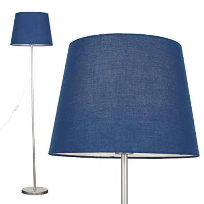 Image of MiniSun Modern Standard Floor Lamp in a Brushed Chrome Metal Finish with Navy Blue Tapered Shade
