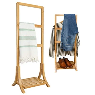 Image of DuneDesign Sustainable Bamboo Towel Rack 40x30x102 Free Standing Clothes Rail Wooden Stand