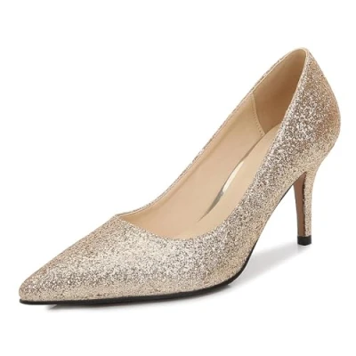 Image of Womens Versatile Low Stiletto Heels Pumps, 3 inch Fashion Classic Elegant Office Wedding Party Prom Dress Shoes,Gold,38