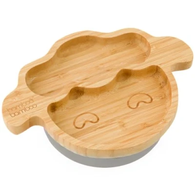Image of Bamboo Baby and Toddler Plate for Feeding Weaning, Lamb with Secure Suction, Suction Plates Babies from 6 Months (Grey)
